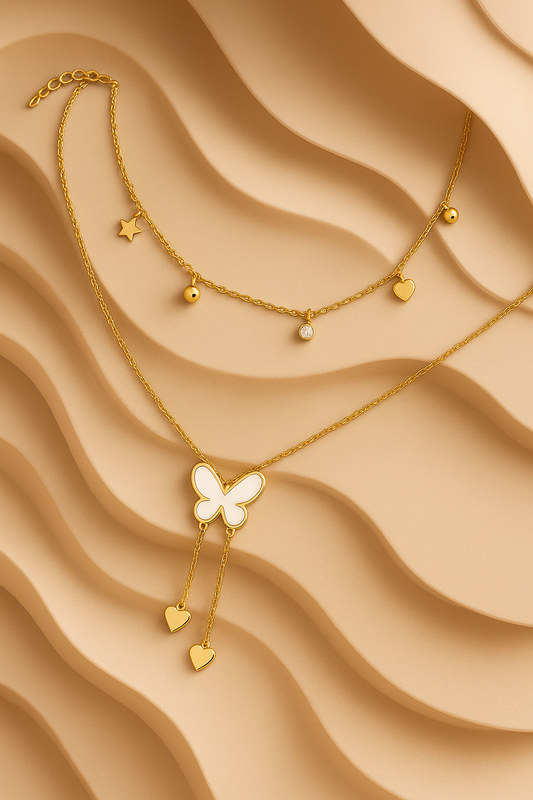Dual-Layer Gold-Plated Necklace with Butterfly & Heart Charms