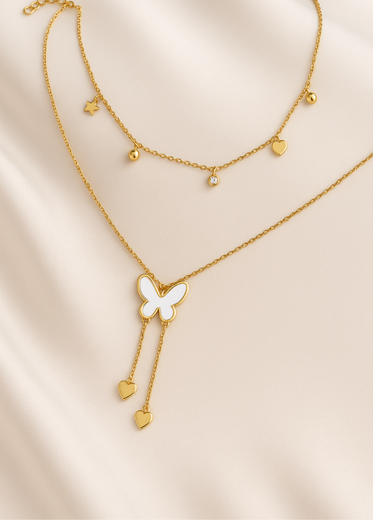 Dual-Layer Gold-Plated Necklace with Butterfly & Heart Charms