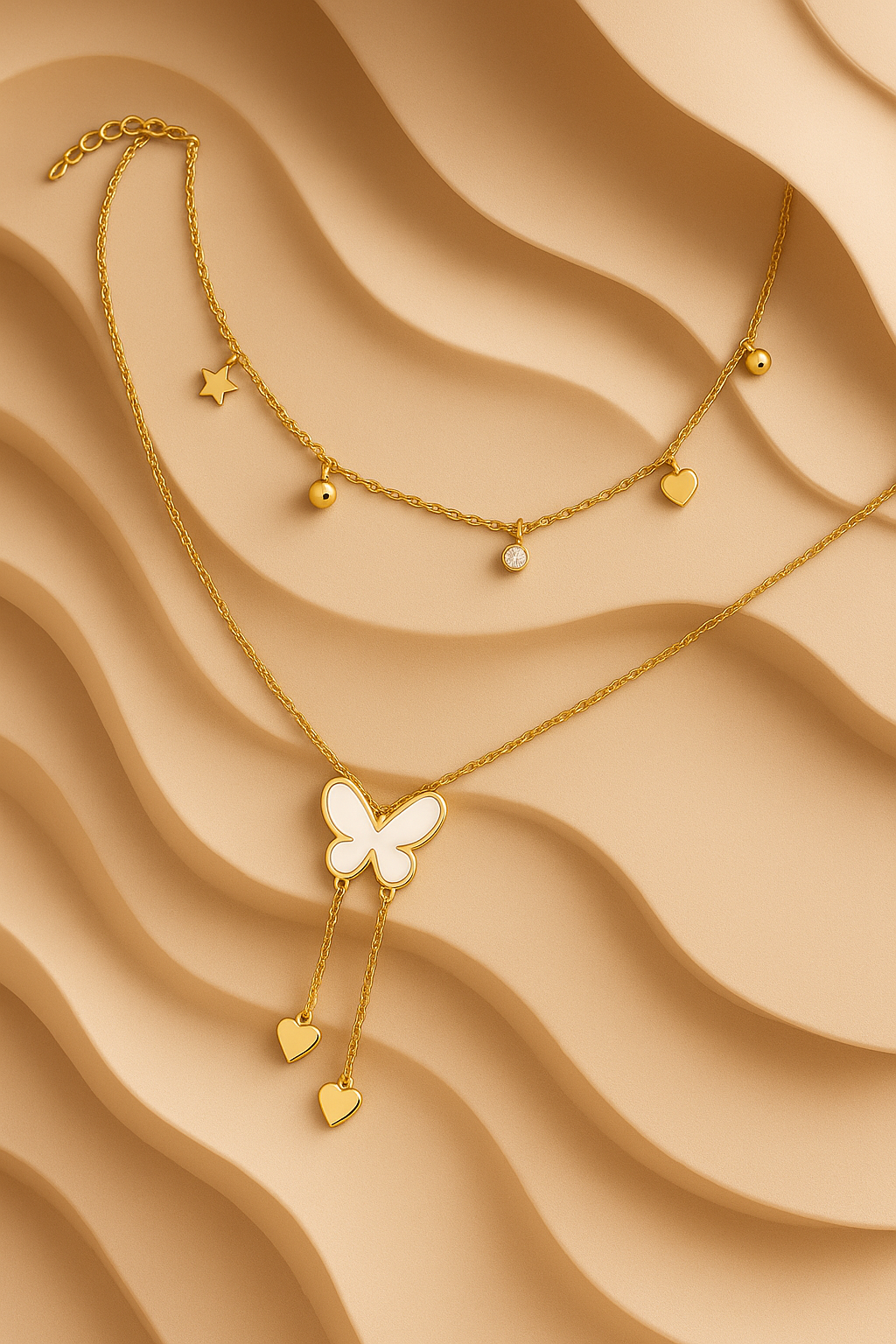 Dual-Layer Gold-Plated Necklace with Butterfly & Heart Charms