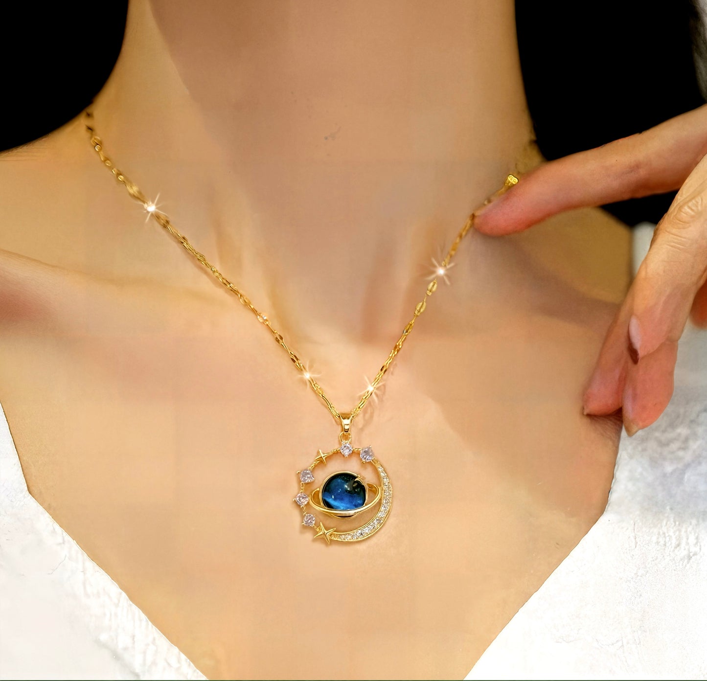 Celestial Dreams Pendant Necklace – Moon & Star Orbit Design