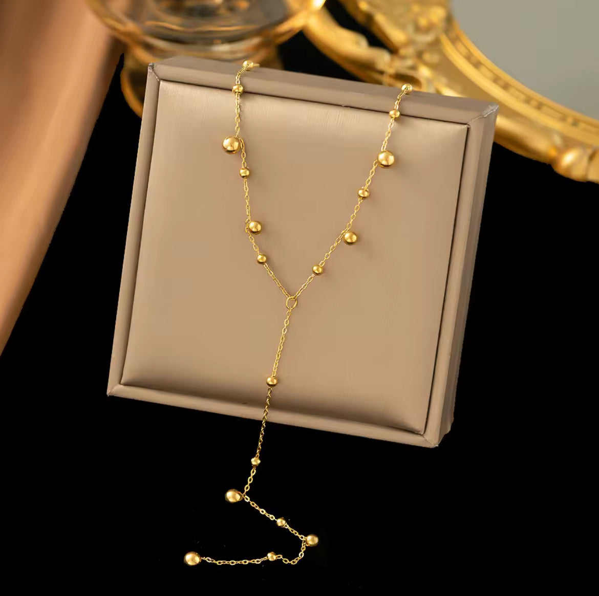 Elegant Gold Beaded Y Necklace – Minimalist Drop Chain Design
