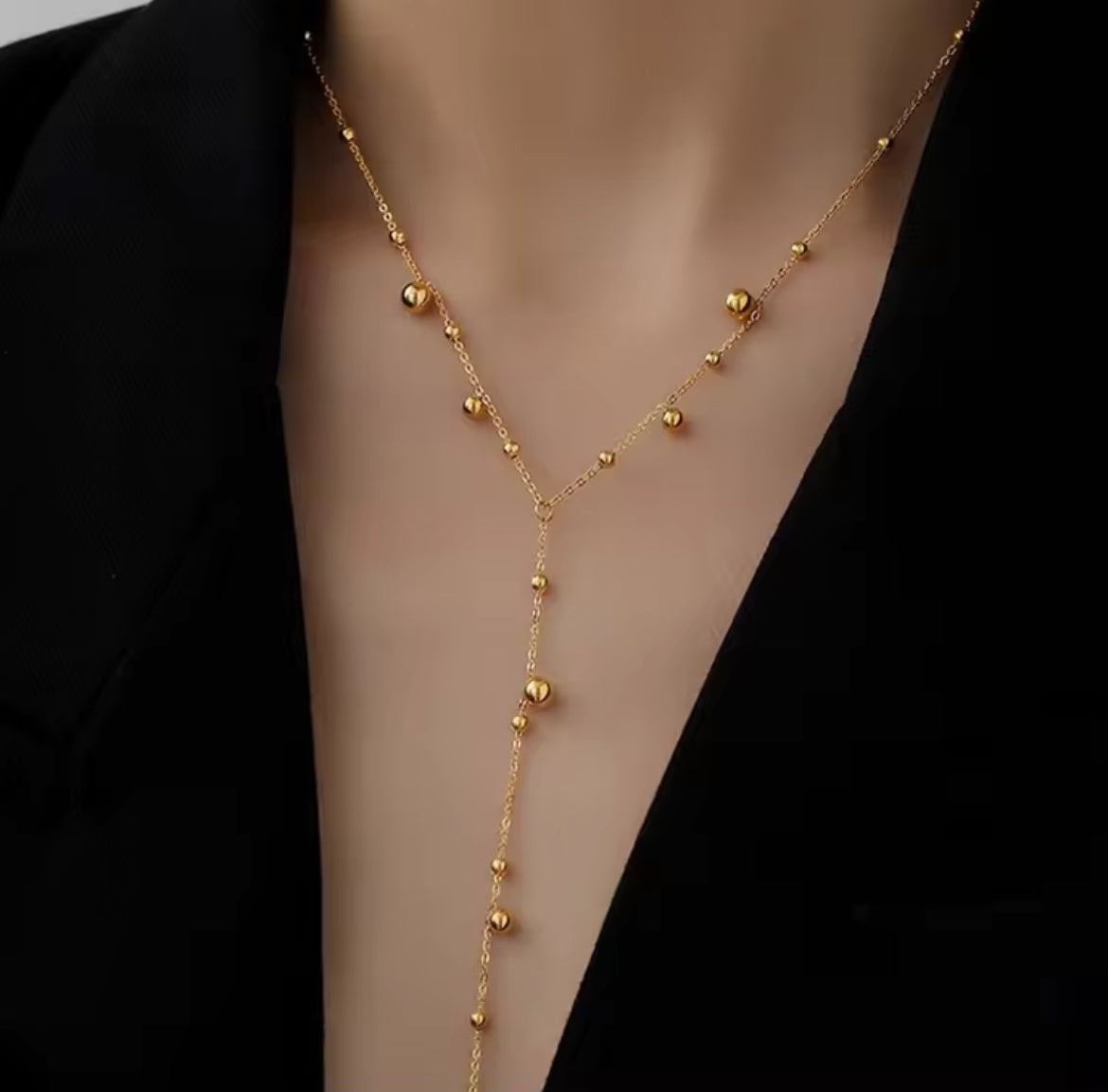 Elegant Gold Beaded Y Necklace – Minimalist Drop Chain Design