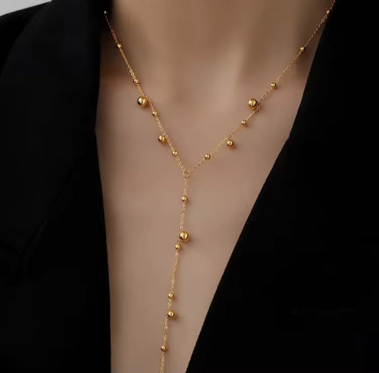 Elegant Gold Beaded Y Necklace – Minimalist Drop Chain Design