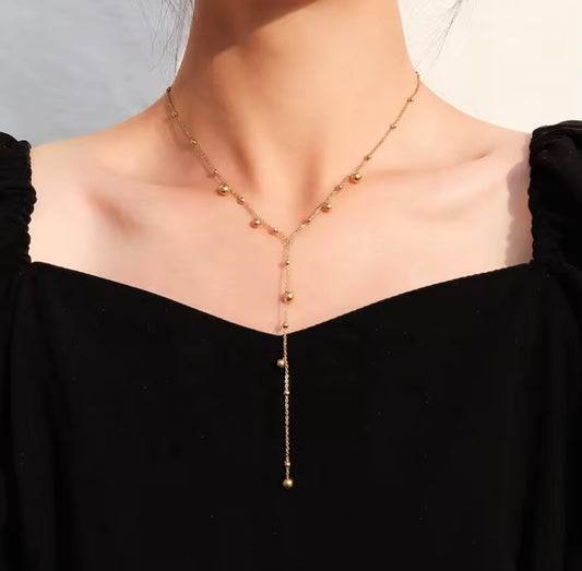 Elegant Gold Beaded Y Necklace – Minimalist Drop Chain Design