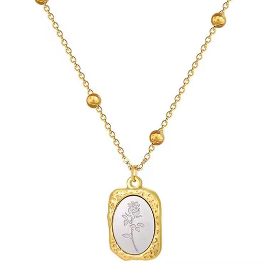 Vintage Rose Medallion Necklace with Textured Gold Frame