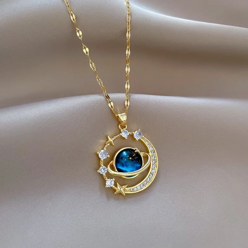 Celestial Dreams Pendant Necklace – Moon & Star Orbit Design