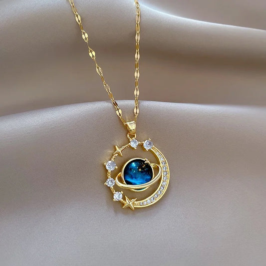 Celestial Dreams Pendant Necklace – Moon & Star Orbit Design