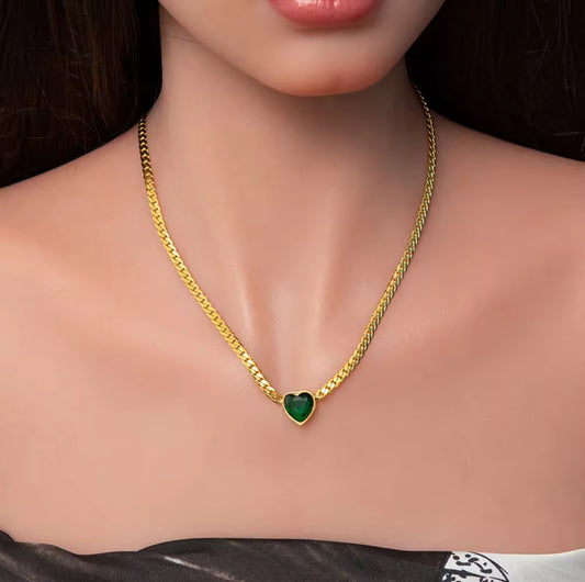 Gold-Plated Heart Necklace with Emerald Green Stone
